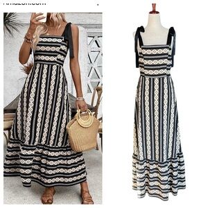 SHEIN Geo Print Tie Strap Square Neck Ruffle Boho Maxi Dress